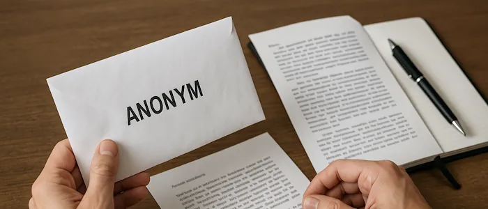 Mann hält einen anonymen Brief ohne Absender in der Hand; auf dem Tisch liegen maschinengeschriebene Schreiben und ein Notizbuch – Symbolbild für das Identifizieren und Analysieren anonymer Briefe.