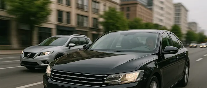 Zwei Fahrzeuge in Bewegung während einer diskreten Observations- und Verfolgungsfahrt im fließenden Stadtverkehr.