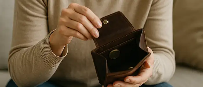 Frau sitzt nachdenklich im Wohnzimmer und hält eine geöffnete, fast leere Geldbörse in den Händen; sie wirkt besorgt, während im Hintergrund eine unscharfe Person sitzt. Die Szene vermittelt den Moment, in dem ein möglicher Diebstahl in der Familie auffällt.