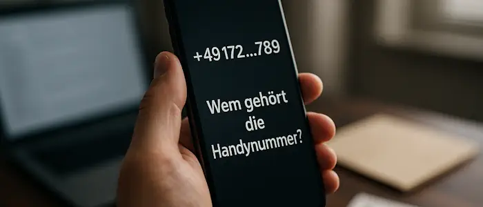 Nahaufnahme eines Smartphones mit angezeigter unbekannter Telefonnummer, die Frage ‚Wem gehört die Handynummer?‘ erscheint auf dem Display – symbolisiert die Unsicherheit bei unerwarteten Anrufen und die Suche nach dem Absender.