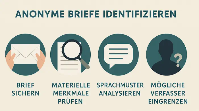 Infografik zum Identifizieren anonymer Briefe mit vier Icons: Brief sichern, materielle Merkmale prüfen, Sprachmuster analysieren und mögliche Verfasser eingrenzen.