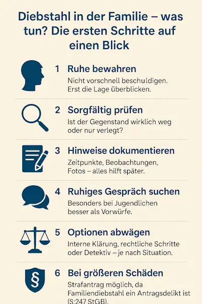 Infografik: Die sechs wichtigsten Schritte bei Diebstahl in der Familie – Ruhe bewahren, sorgfältig prüfen, Hinweise dokumentieren, ruhiges Gespräch suchen, Optionen abwägen und bei größeren Schäden Strafantrag erwägen.