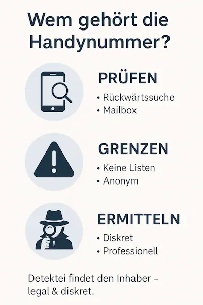 Infografik zeigt drei Schritte zur Identifizierung einer unbekannten Handynummer: einfache Prüfmethoden wie Rückwärtssuche, Hinweise auf Grenzen der Eigenrecherche und die Möglichkeit professioneller Ermittlungen durch eine Detektei.