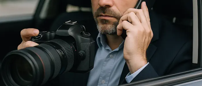 Detektiv sitzt im Auto, hält eine Kamera mit Teleobjektiv und telefoniert während einer Observation.
