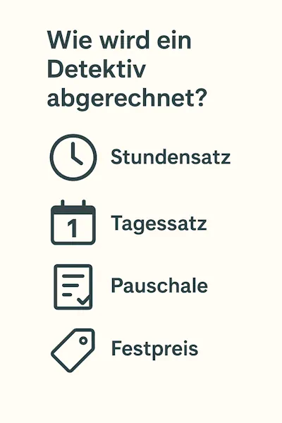 Wie wird ein Detektiv abgerechnet? Darstellung der vier gängigen Abrechnungsmodelle eines Detektivs – Stundensatz, Tagessatz, Pauschale und Festpreis – mit einfachen Icons zur schnellen Übersicht.