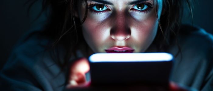 Eine Person, die besorgt auf ihr Handy schaut, nachdem sie Opfer eines WhatsApp-Betrugs wurde.